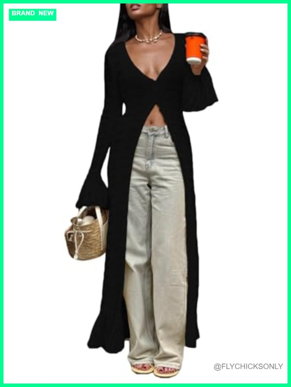 Women's Crochet Cardigan Bell Sleeve Ruffle Knit Hollow Out Lightweight Duster